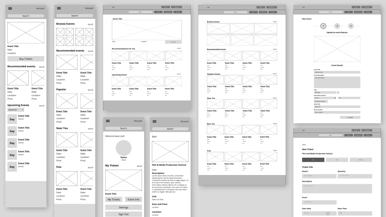 Collage of wireframes for both web and mobile depicting home page, event browsing page, event creation pages, and more.